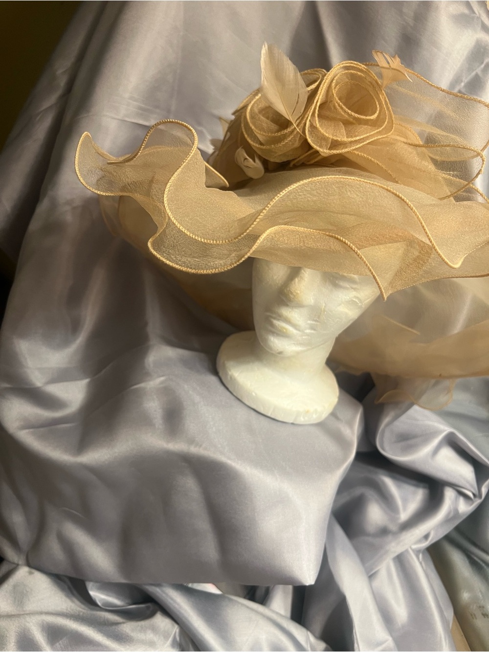 Champagne Organza Wide-Brim Floral Occasion Hat